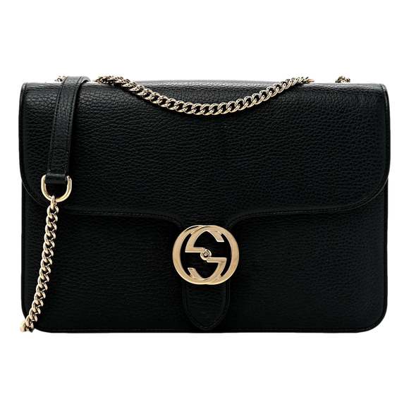 Gucci Marmont Black Leather Interlocking GG Gold Chain Strap Crossbody - Picture 1 of 10
